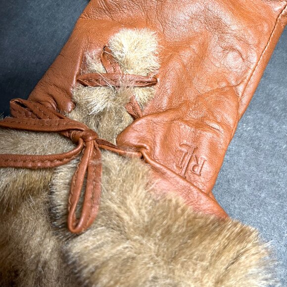 Vintage Lauren Ralph Lauren Leather Gloves Medium Brown Faux Fur Fleece Lined - Picture 4 of 10